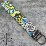 Load image into Gallery viewer, Key Fob Floral Boho Turquoise Yellow Grey
