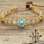 Load image into Gallery viewer, Light Blue Pearl White Matte Gold Daisy