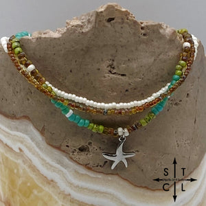 Picasso Brown Turquoise Green Off White Silver Stretchy Anklet