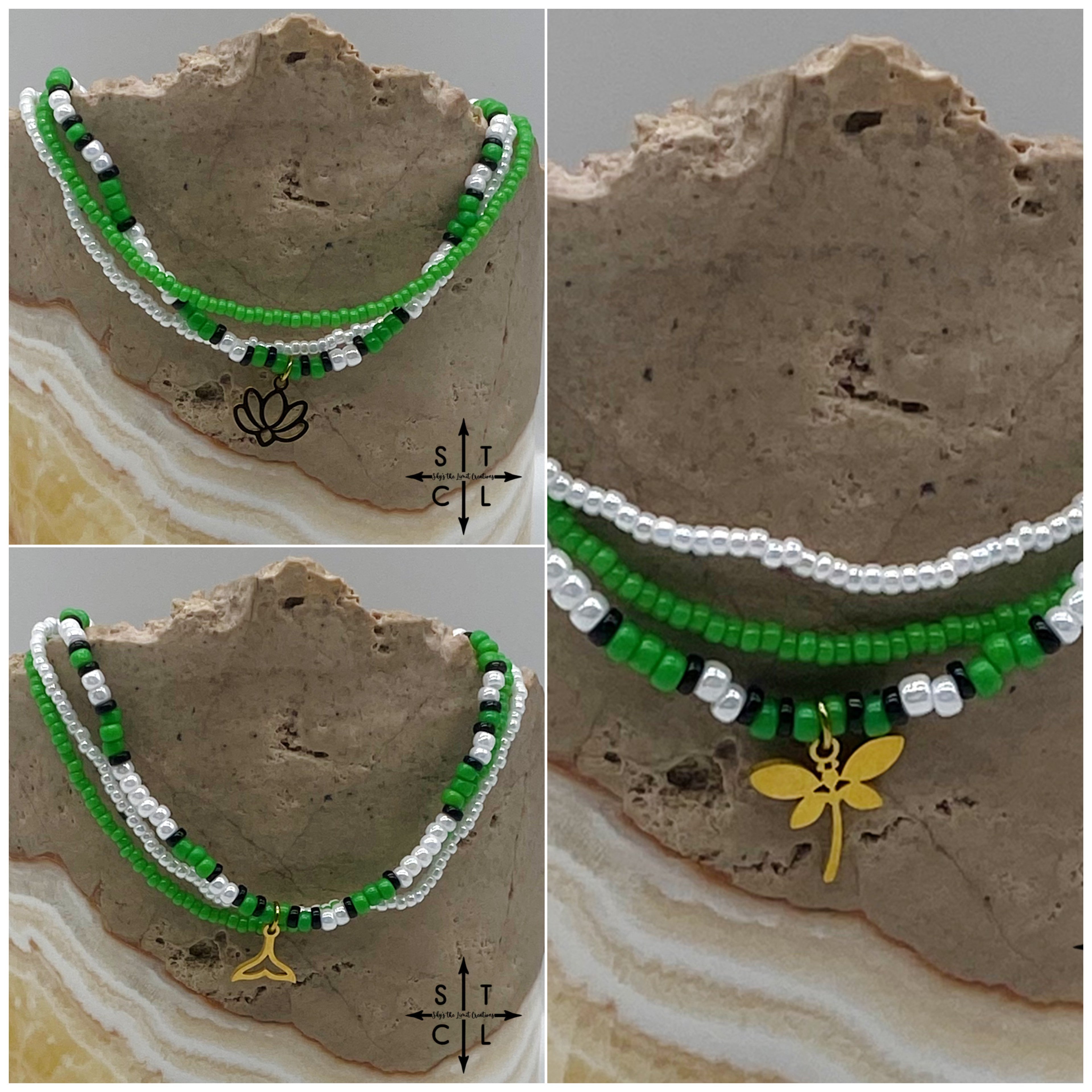 Green Pearl White Black Gold Stretchy Anklet