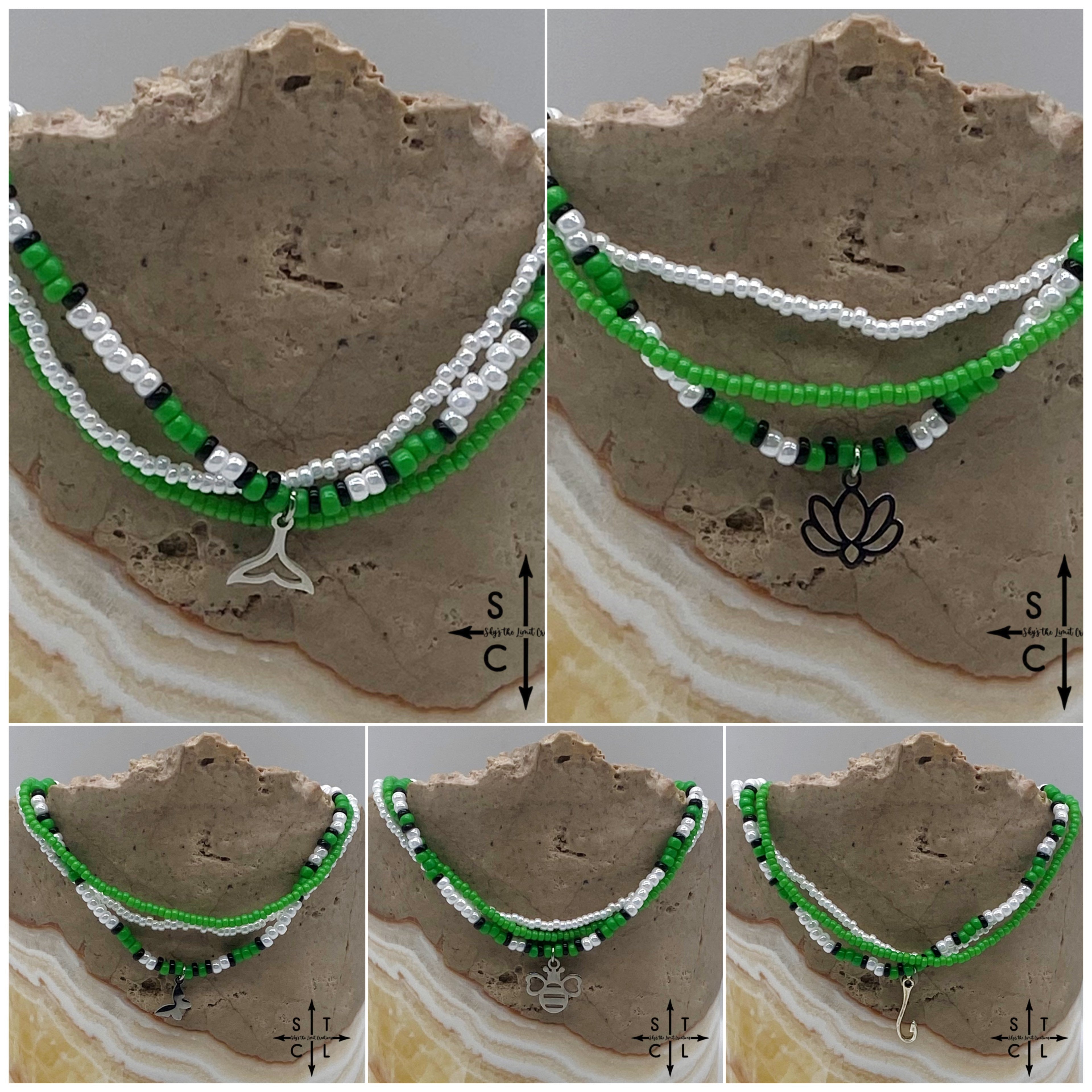 Green Pearl White Black Silver Stretchy Anklet