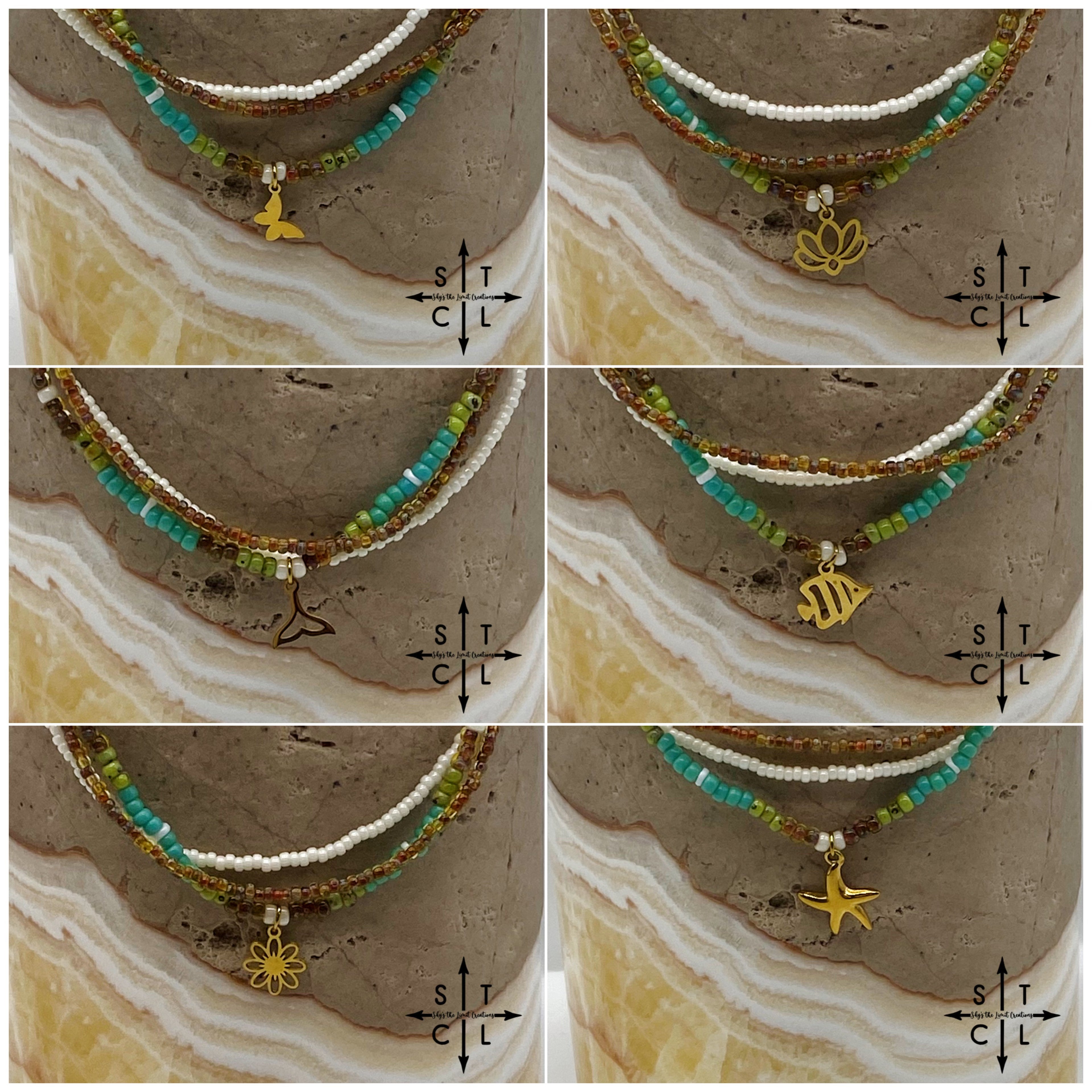 Picasso Brown Turquoise Green Off White Gold Stretchy Anklet