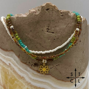 Picasso Brown Turquoise Green Off White Gold Stretchy Anklet