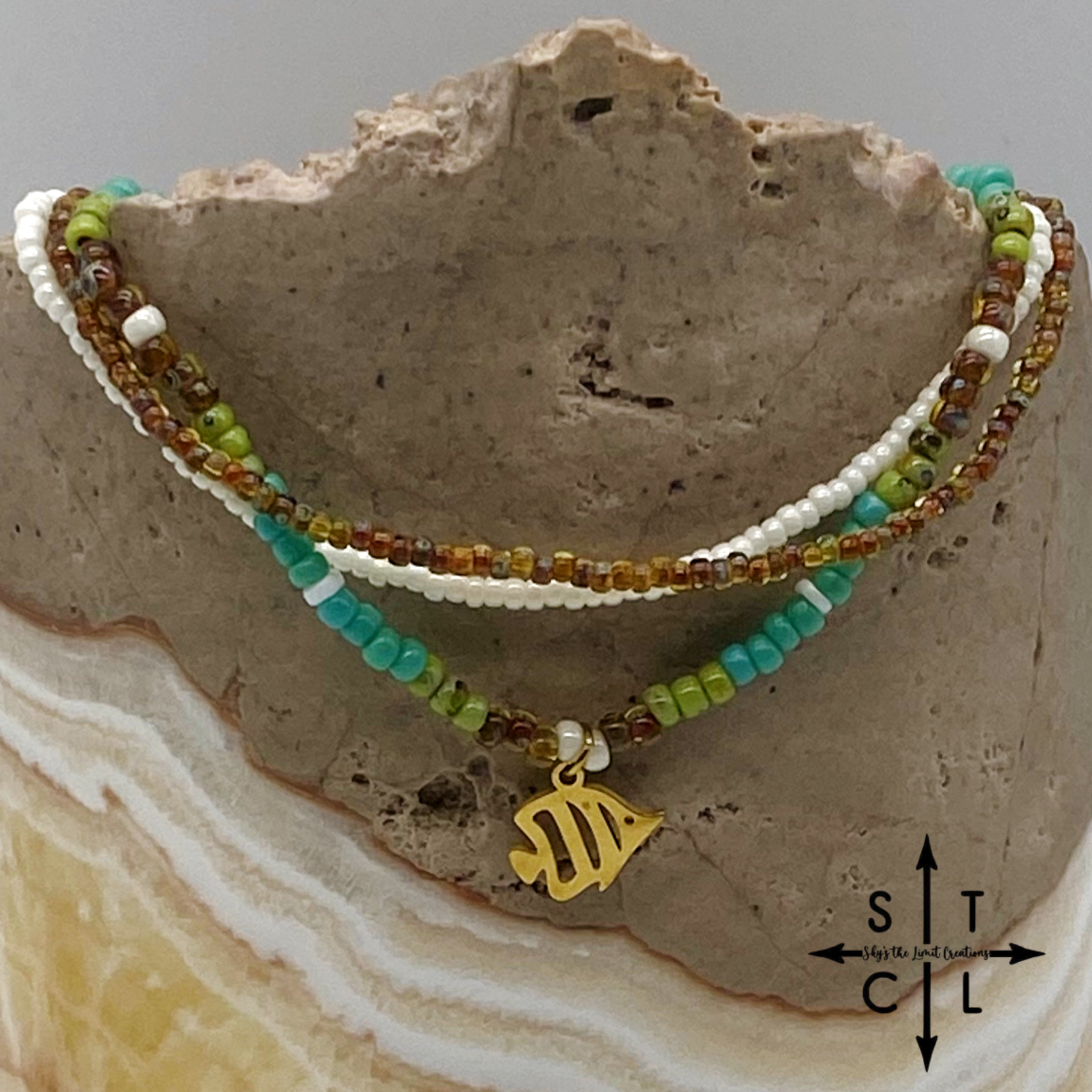 Picasso Brown Turquoise Green Off White Gold Stretchy Anklet