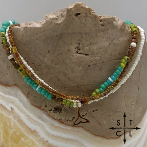 Picasso Brown Turquoise Green Off White Gold Stretchy Anklet