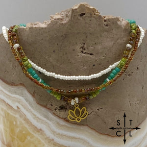 Picasso Brown Turquoise Green Off White Gold Stretchy Anklet
