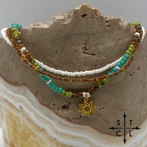 Picasso Brown Turquoise Green Off White Gold Stretchy Anklet