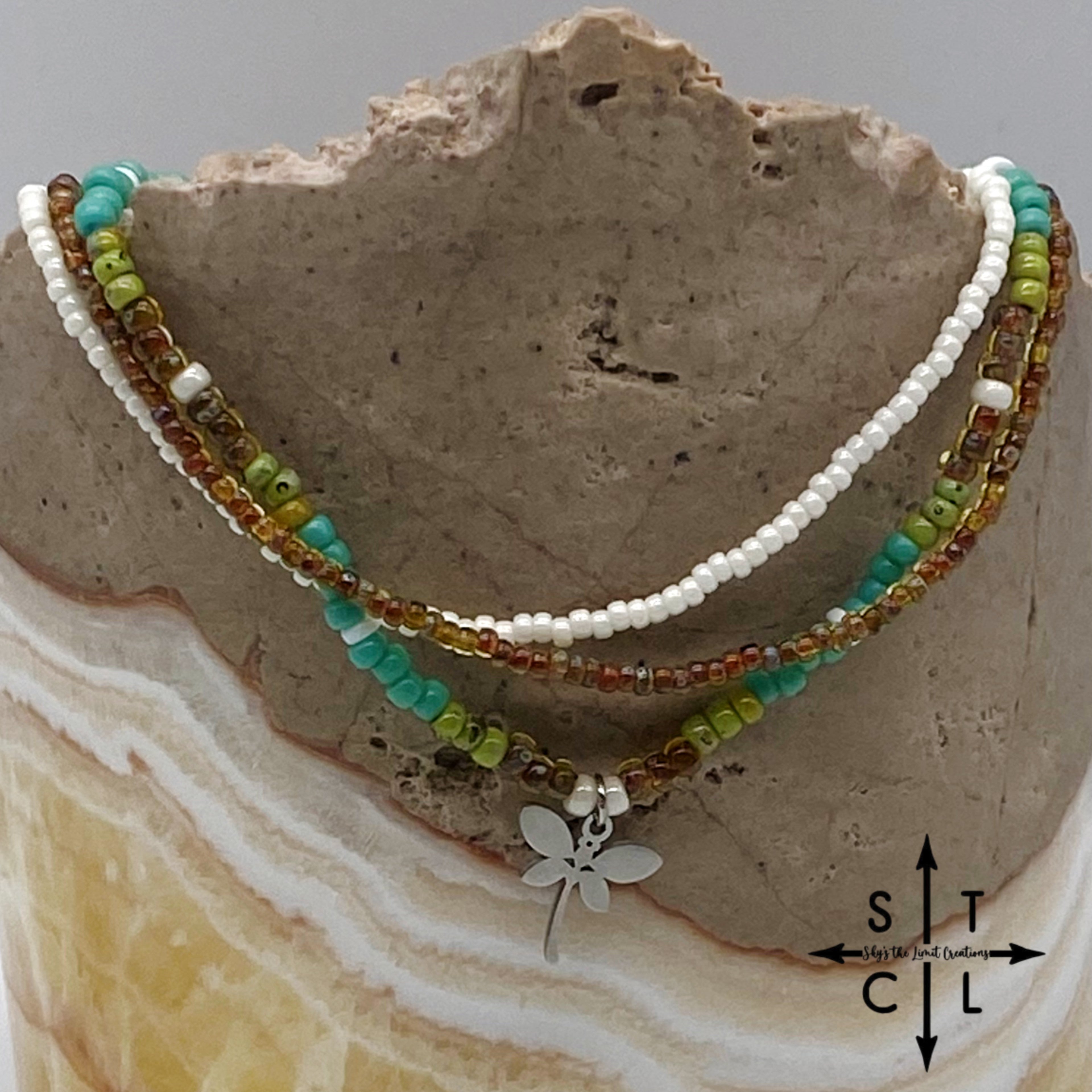 Picasso Brown Turquoise Green Off White Silver Stretchy Anklet