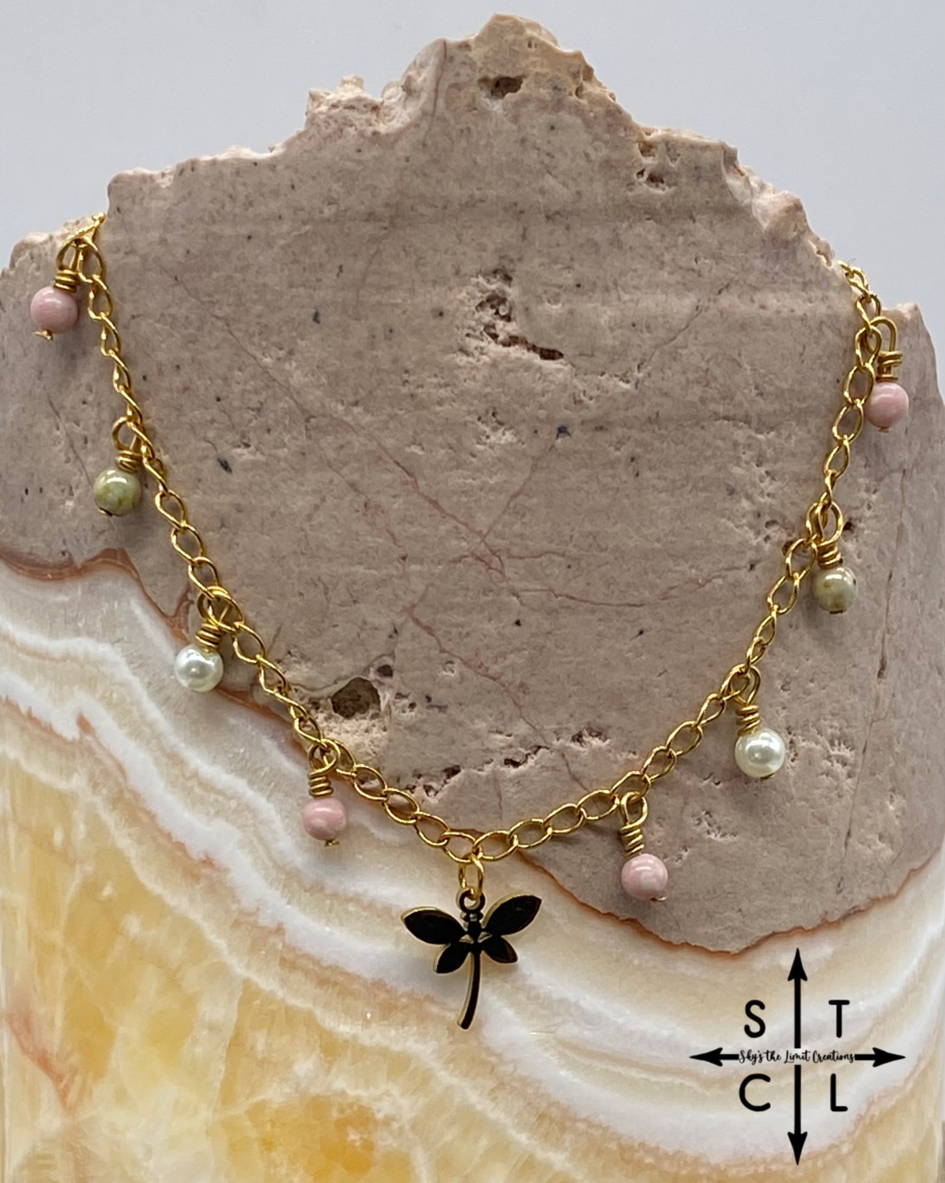 Dragonfly Light Pink Green Pearl Gold Katy Anklet