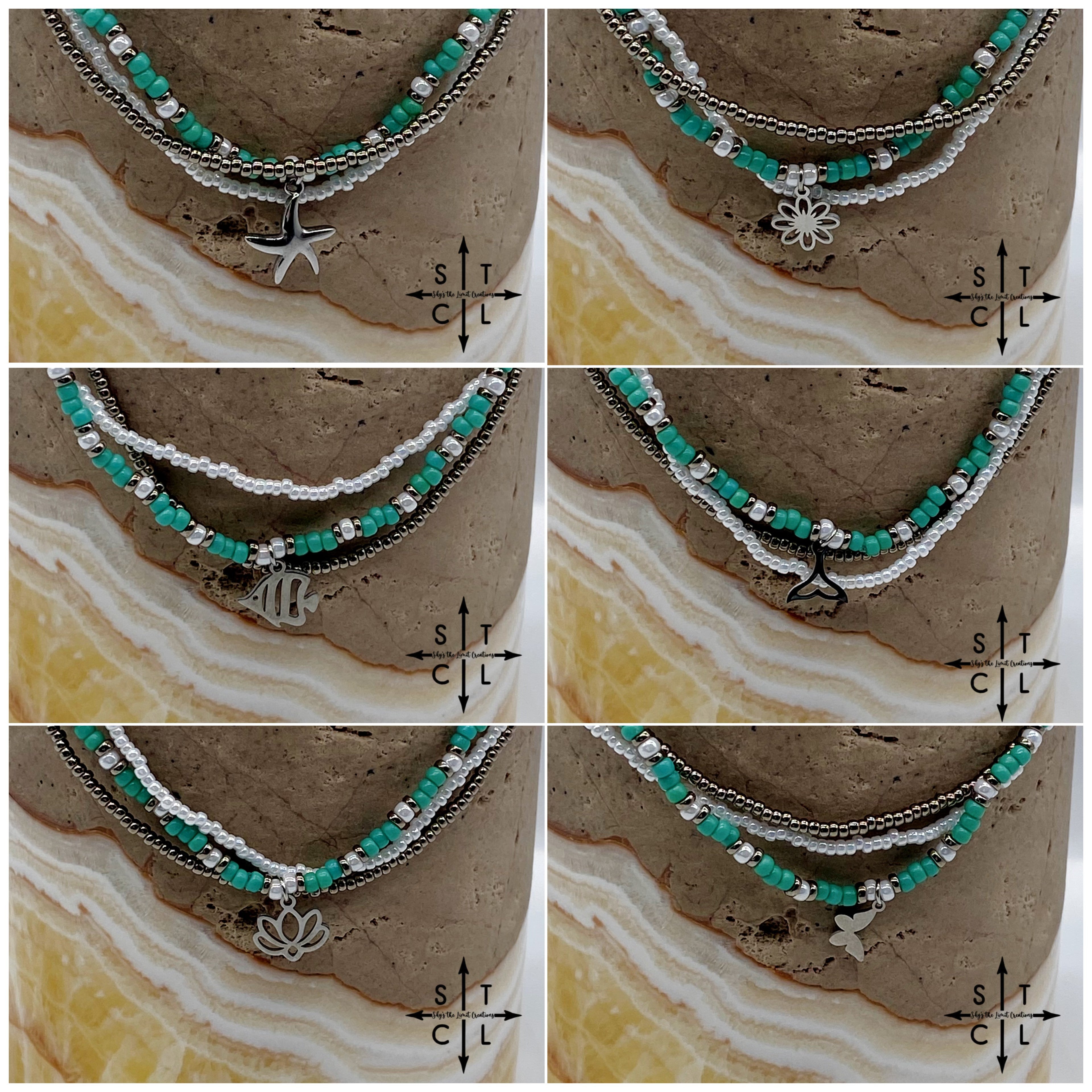 Turquoise White Gun Metal Silver Stretchy Anklet