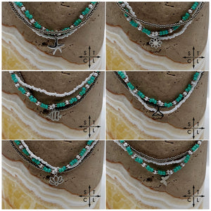 Turquoise White Gun Metal Silver Stretchy Anklet
