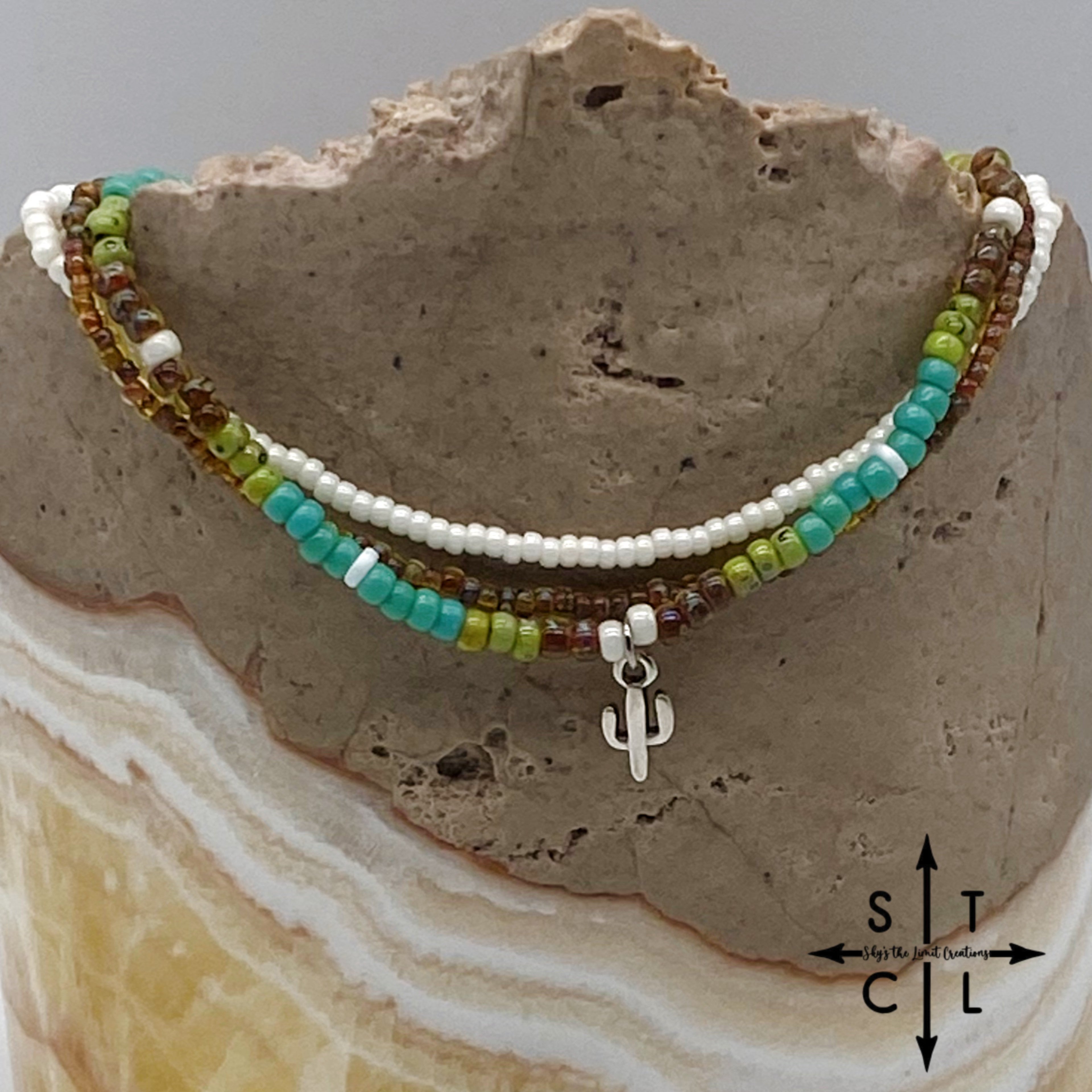 Picasso Brown Turquoise Green Off White Silver Stretchy Anklet
