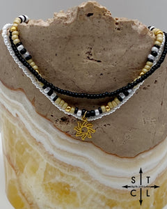 Tan Pearl White Black Gold Stretchy Anklet