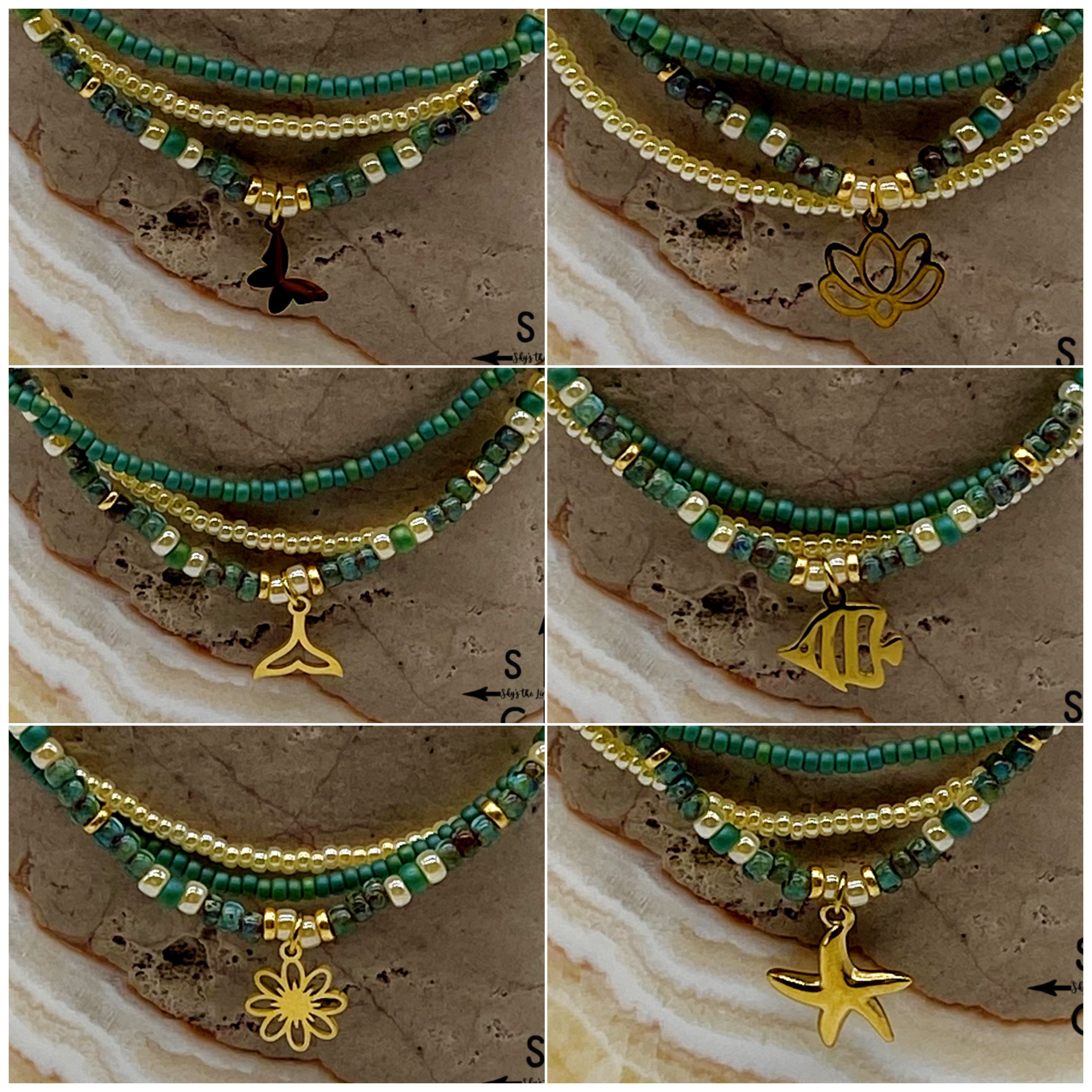 Dark Turquoise Picasso Turquoise Pearl Ivory Gold Stretchy Anklet