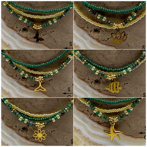 Dark Turquoise Picasso Turquoise Pearl Ivory Gold Stretchy Anklet