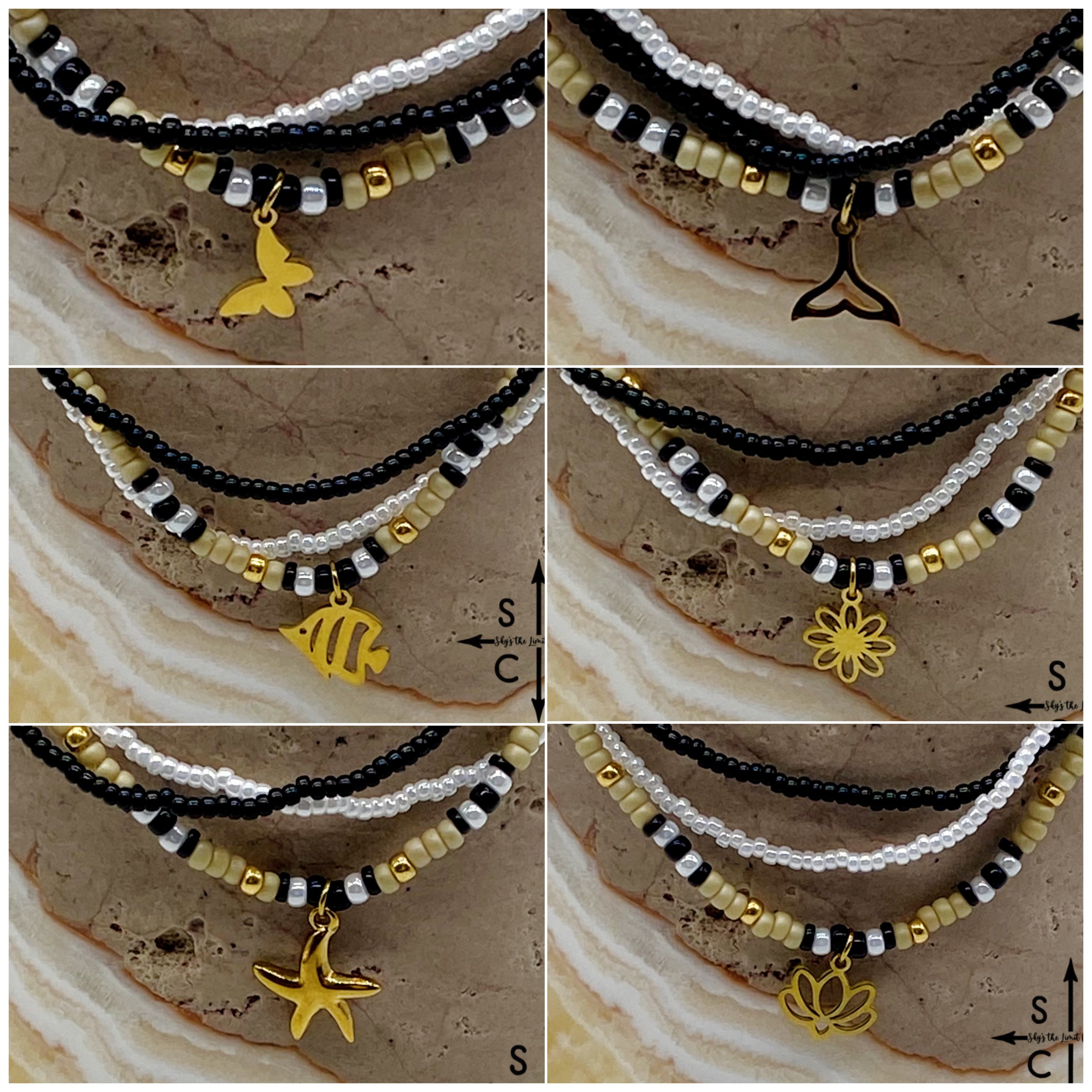 Tan Pearl White Black Gold Stretchy Anklet