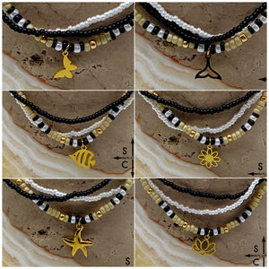 Tan Pearl White Black Gold Stretchy Anklet