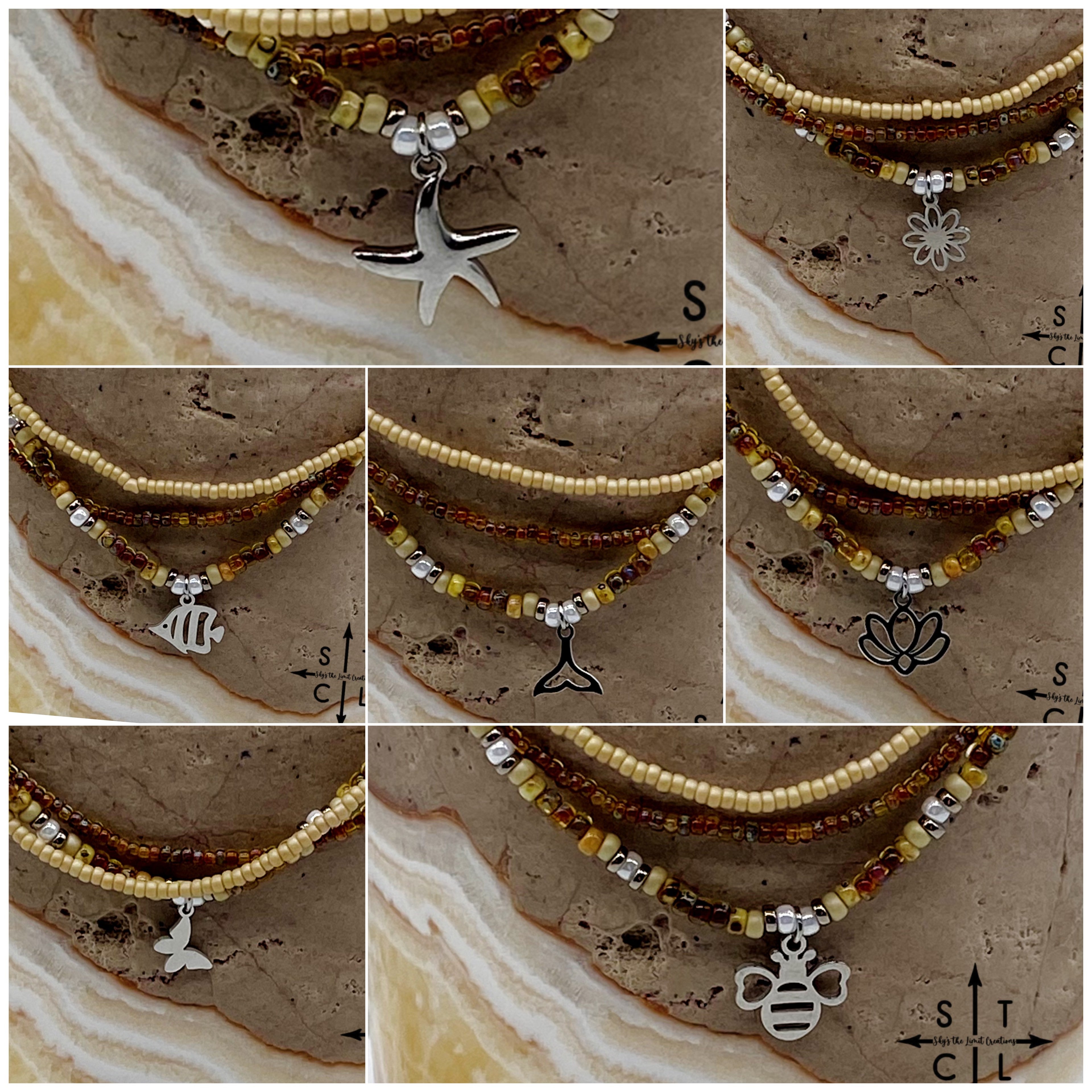 Tan Picasso Brown Pearl White Silver Stretchy Anklet