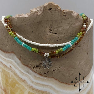 Picasso Brown Turquoise Green Off White Silver Stretchy Anklet