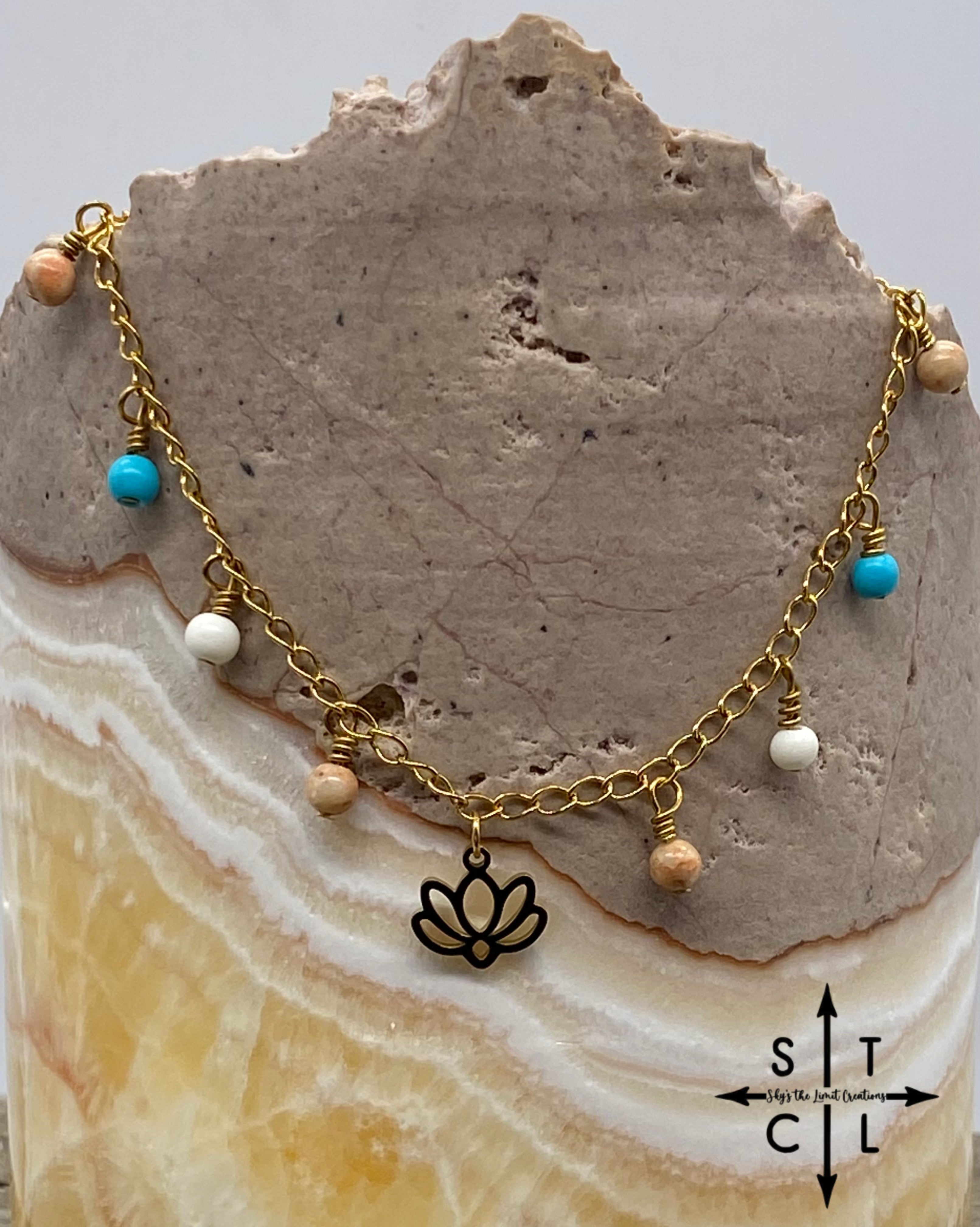 Lotus Flower Turquoise Apricot White Gold Katy Anklet