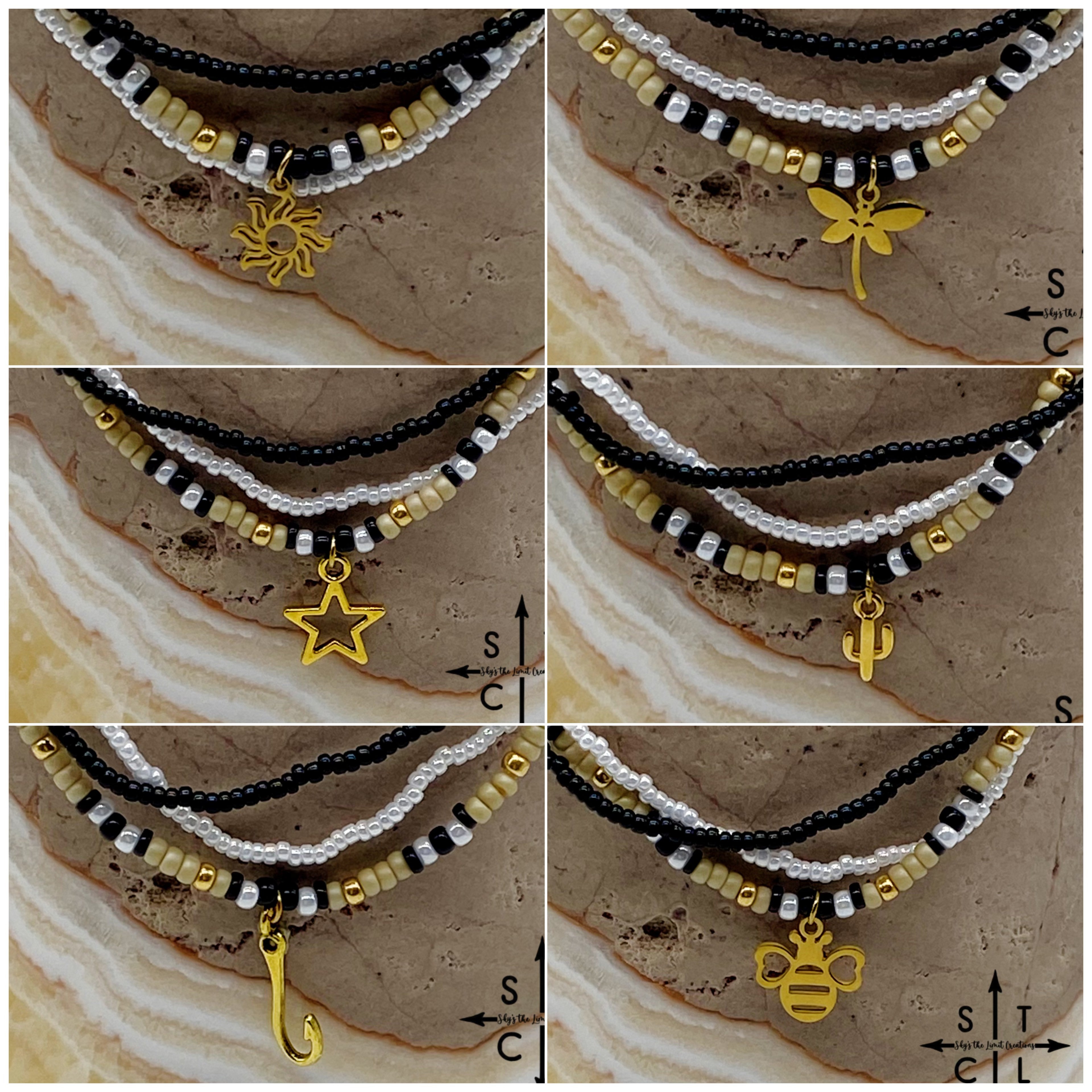 Tan Pearl White Black Gold Stretchy Anklet