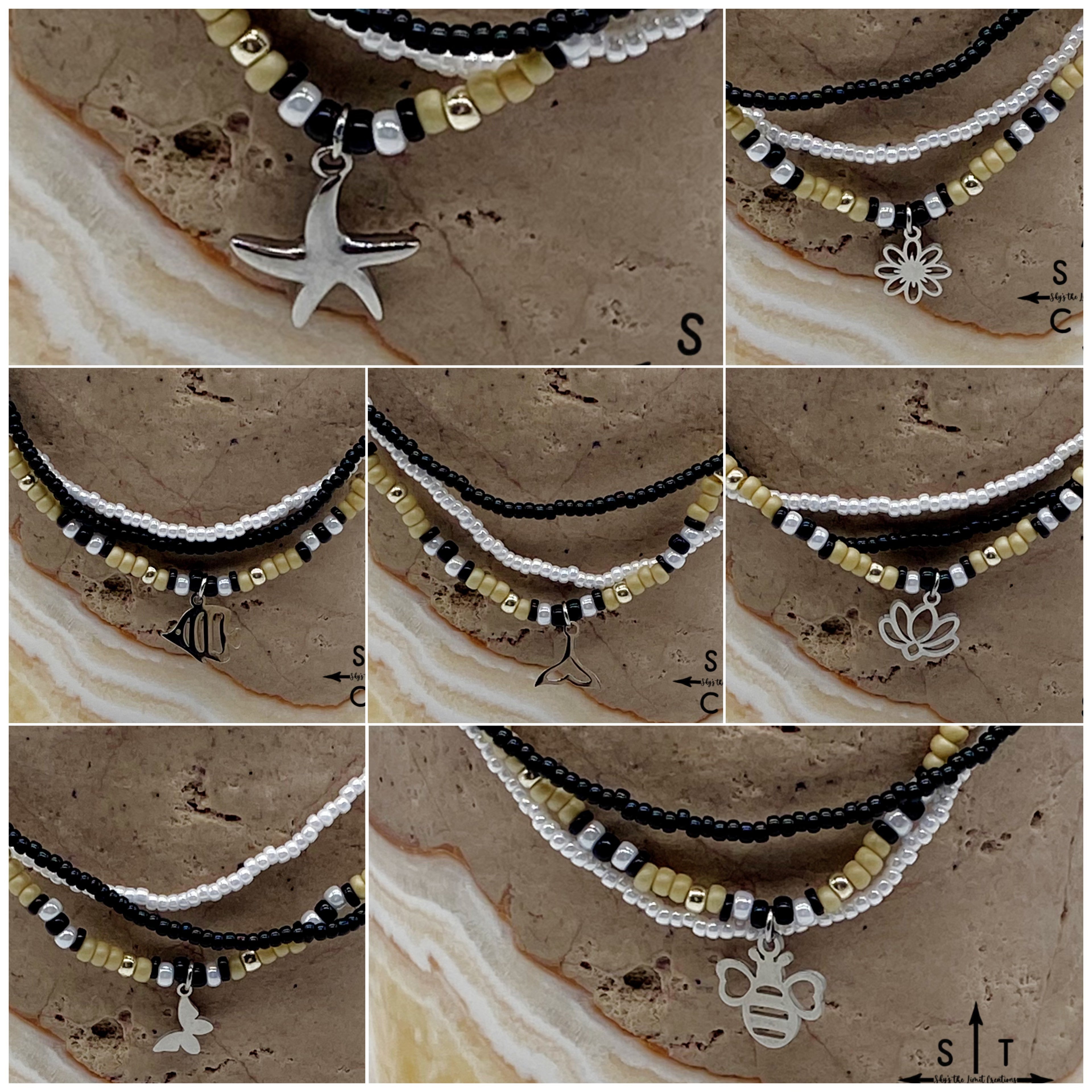 Tan Pearl White Black Silver Stretchy Anklet