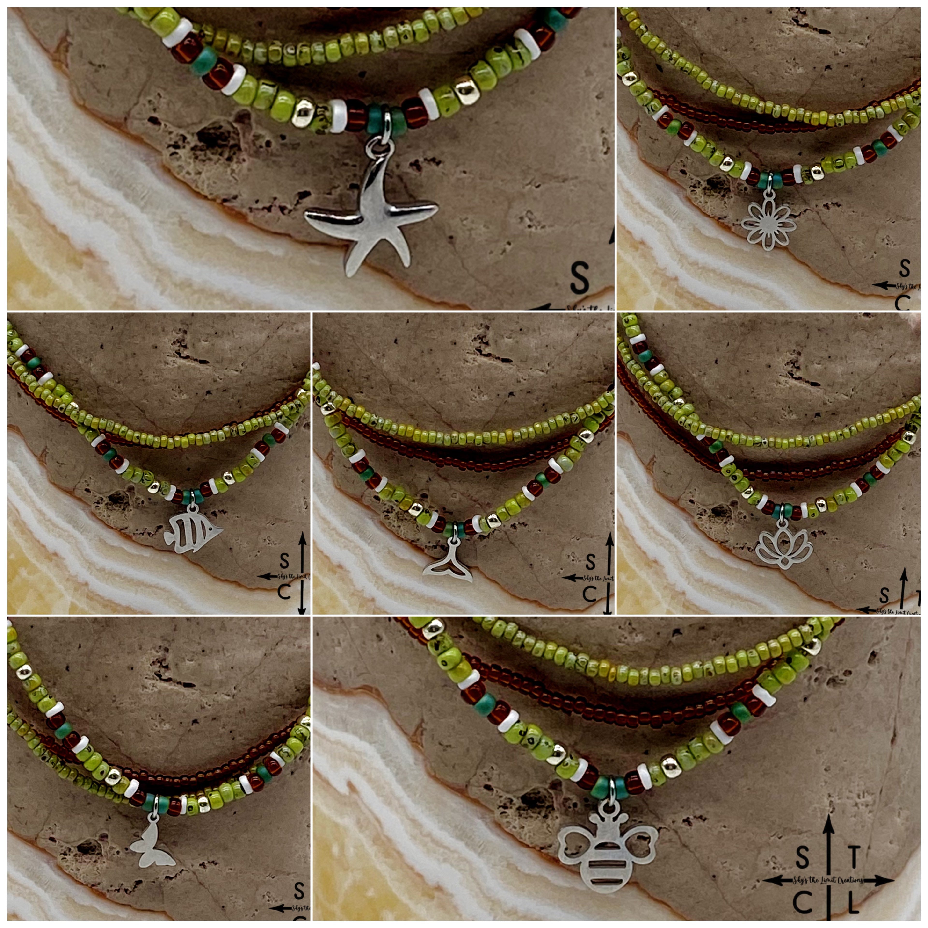 Picasso Green Brown Dark Turquoise White Silver Stretchy Anklet