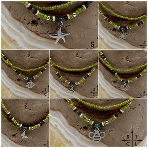 Picasso Green Brown Dark Turquoise White Silver Stretchy Anklet