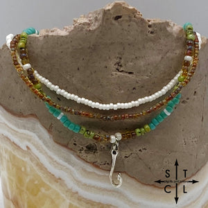Picasso Brown Turquoise Green Off White Silver Stretchy Anklet