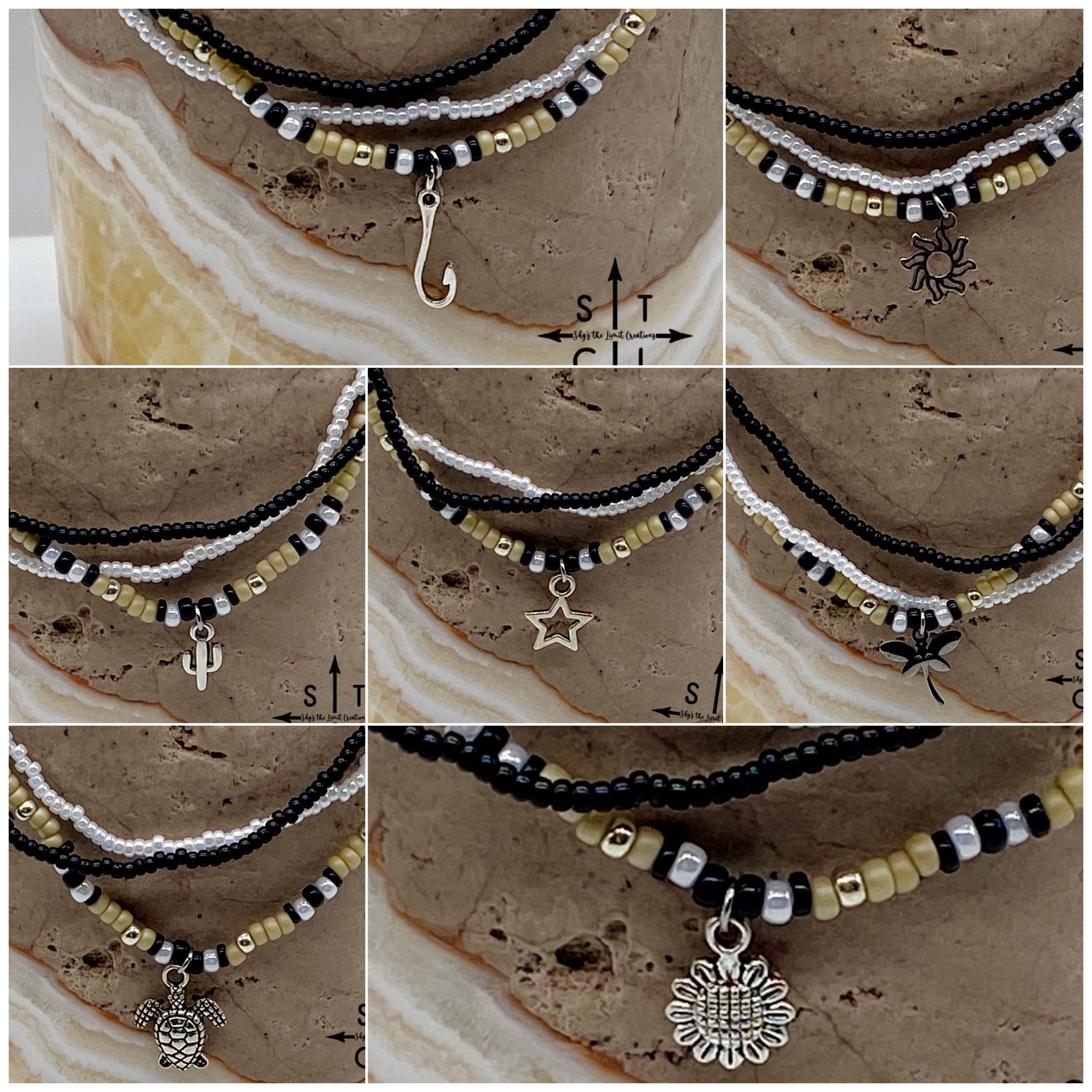 Tan Pearl White Black Silver Stretchy Anklet