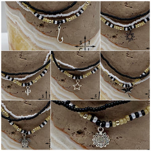 Tan Pearl White Black Silver Stretchy Anklet