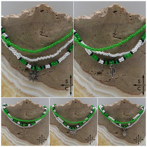 Green Pearl White Black Silver Stretchy Anklet