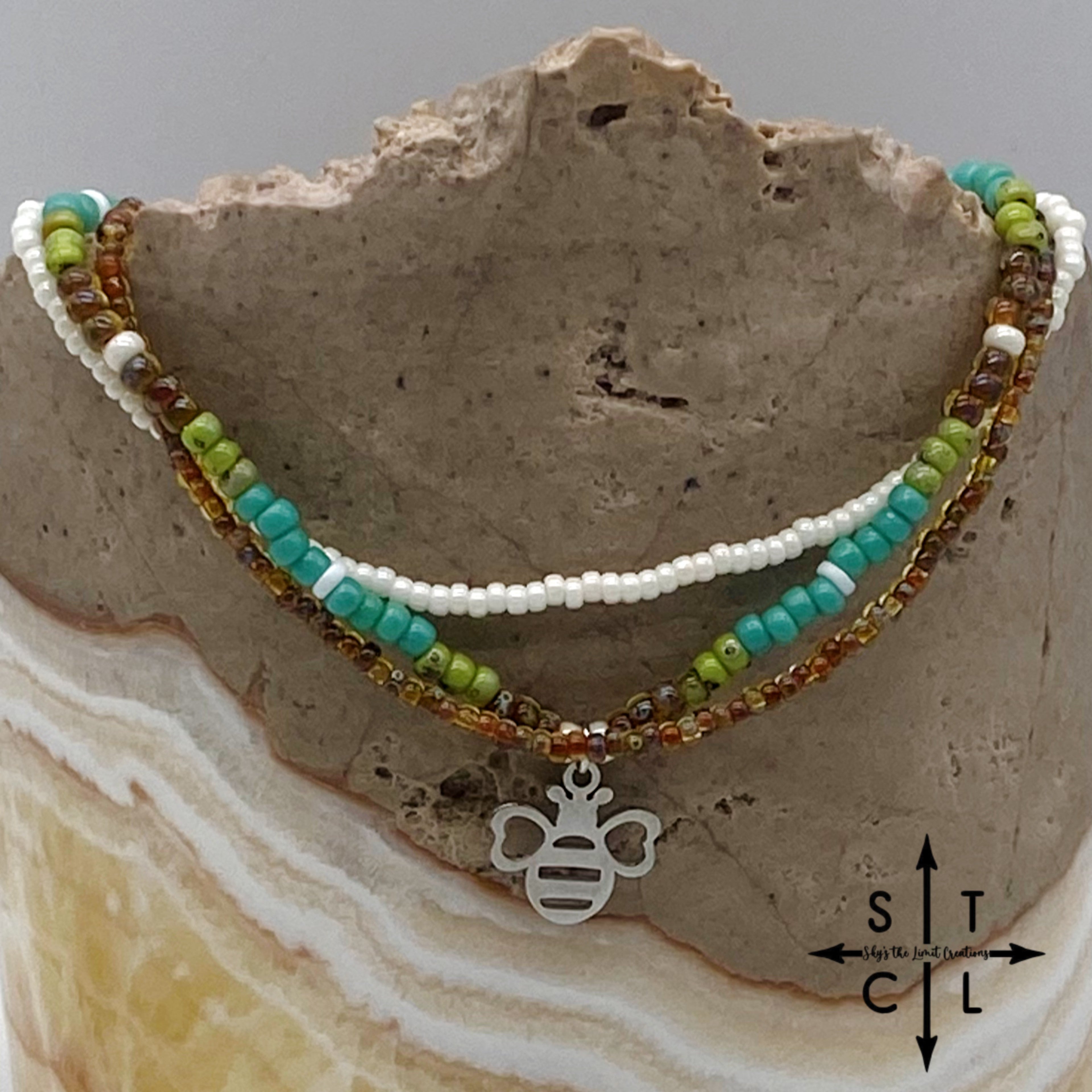 Picasso Brown Turquoise Green Off White Silver Stretchy Anklet