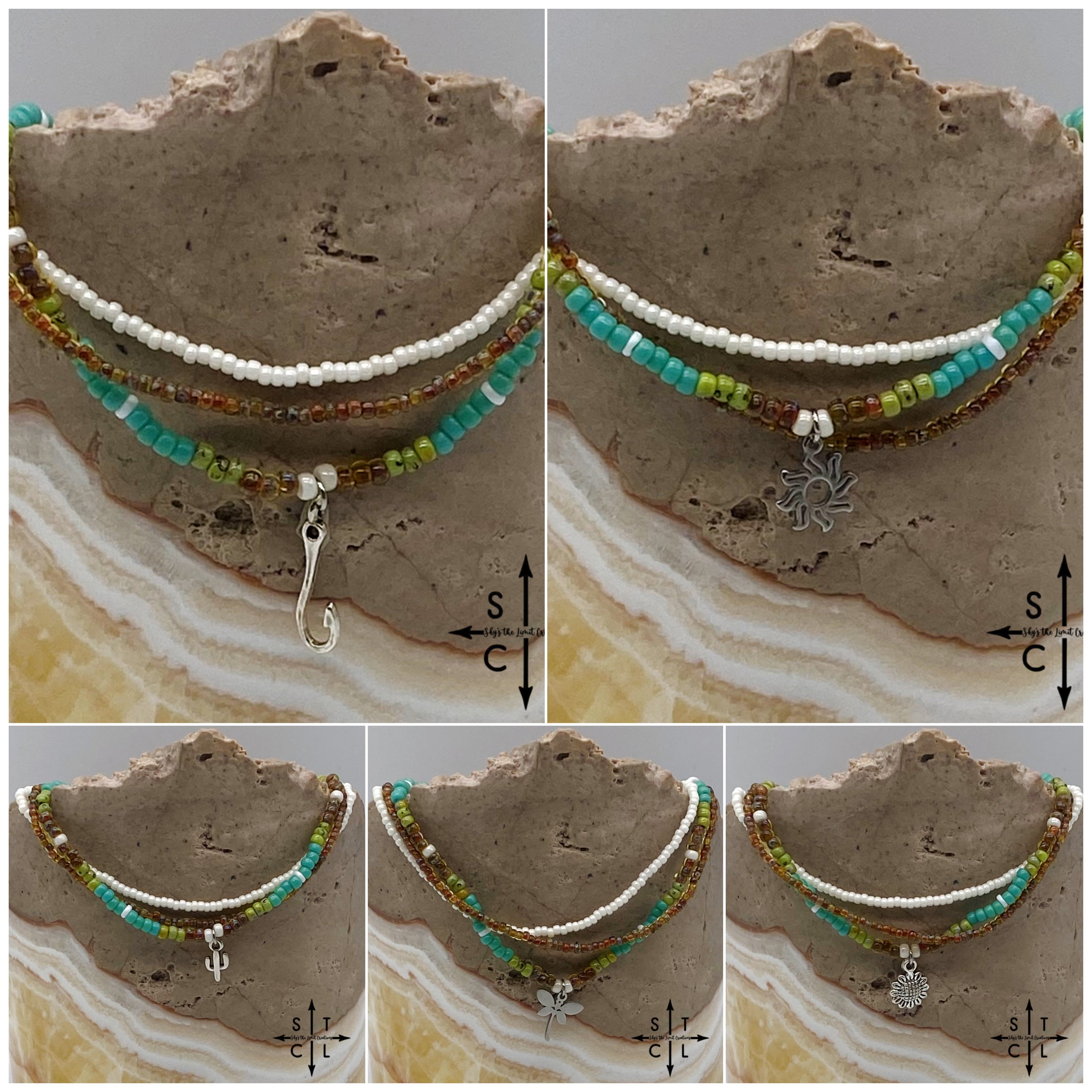 Picasso Brown Turquoise Green Off White Silver Stretchy Anklet