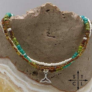 Picasso Brown Turquoise Green Off White Silver Stretchy Anklet