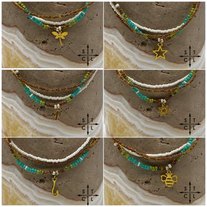 Picasso Brown Turquoise Green Off White Gold Stretchy Anklet