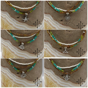 Picasso Brown Turquoise Green Off White Silver Stretchy Anklet