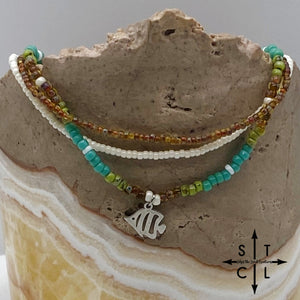Picasso Brown Turquoise Green Off White Silver Stretchy Anklet