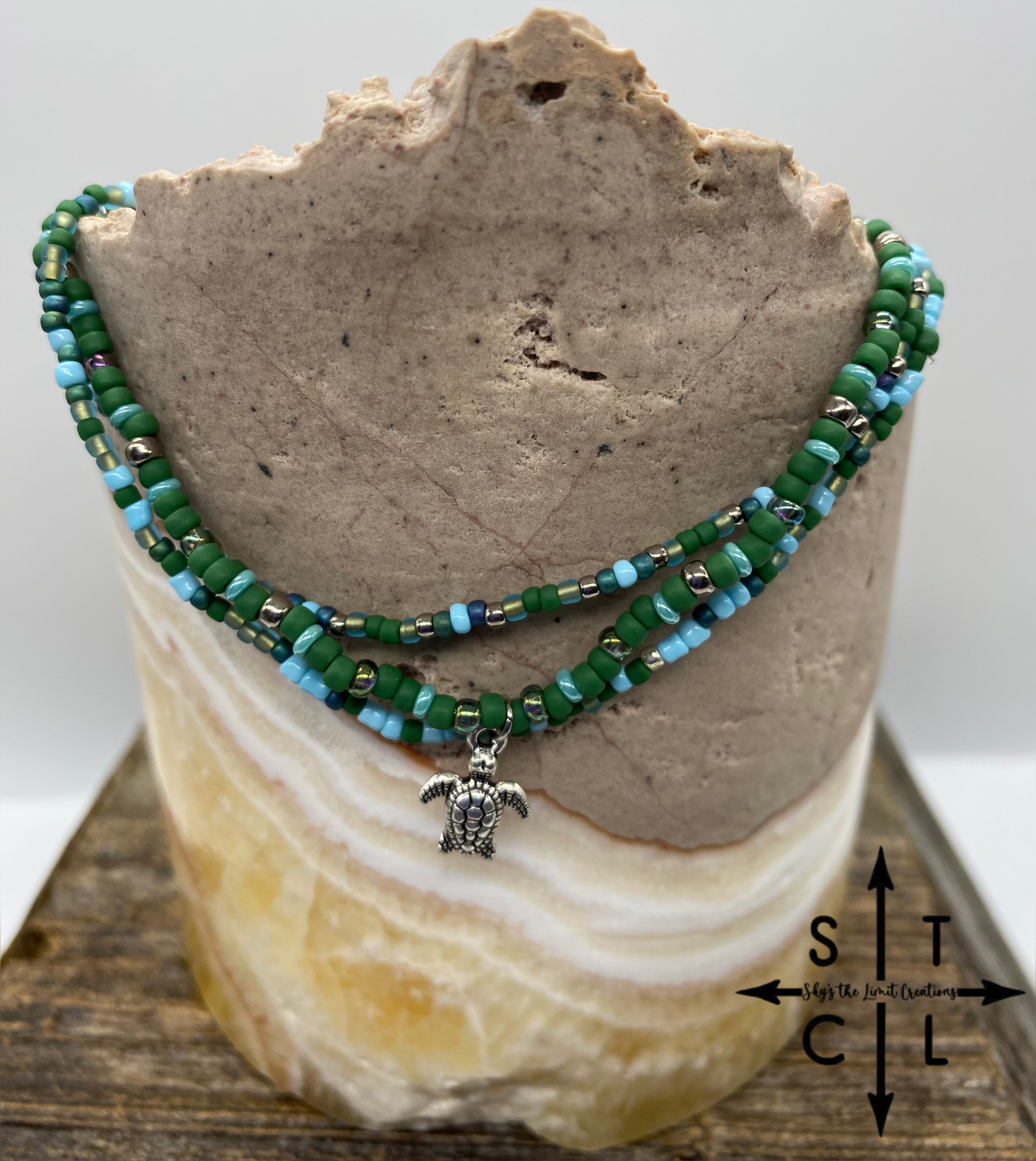 Green Blue Gunmetal Silver Turtle Stretchy Anklet