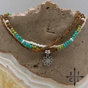 Picasso Brown Turquoise Green Off White Silver Stretchy Anklet