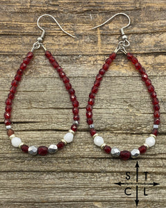 Crystal Teardrop Maroon White Matte Silver Earrings