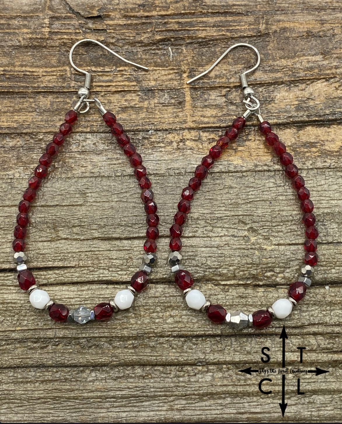 Crystal Teardrop Maroon White Silver Earrings