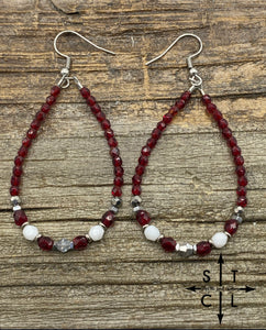 Crystal Teardrop Maroon White Silver Earrings