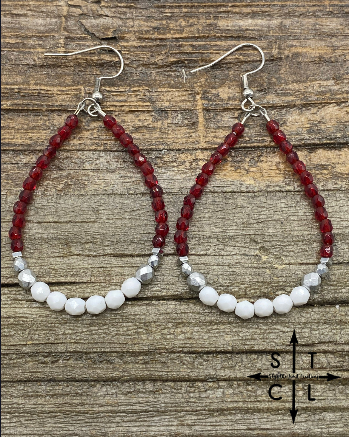 Crystal Teardrop Maroon White Silver Earrings