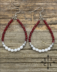 Crystal Teardrop Maroon White Silver Earrings