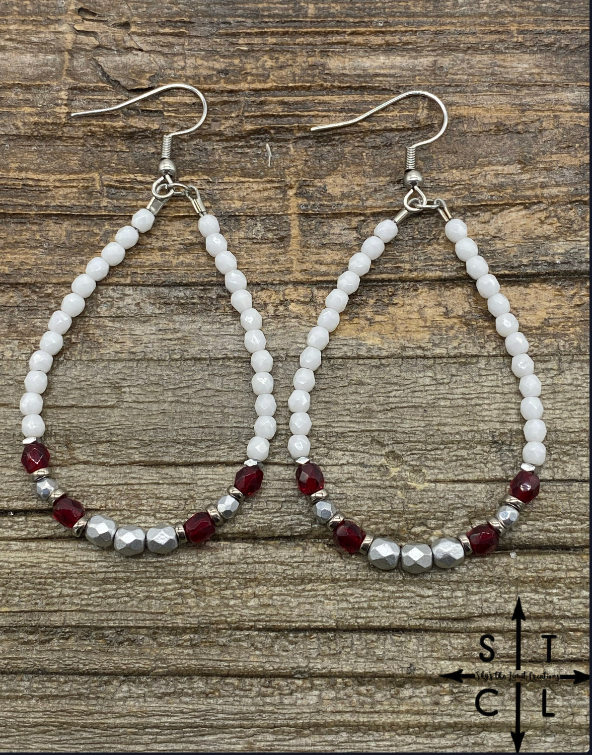 Crystal Teardrop White Maroon Matte Silver Earrings