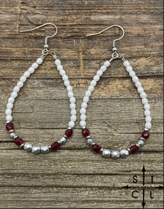 Crystal Teardrop White Maroon Matte Silver Earrings