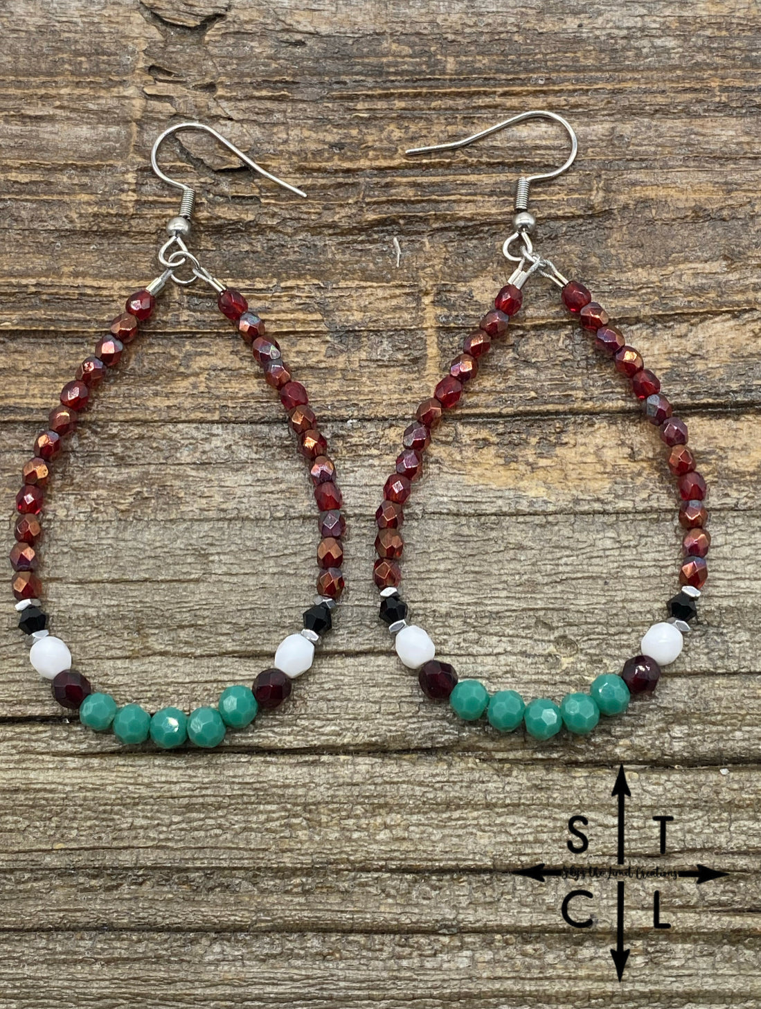 Crystal Teardrop Maroon White Turquoise Silver Earrings