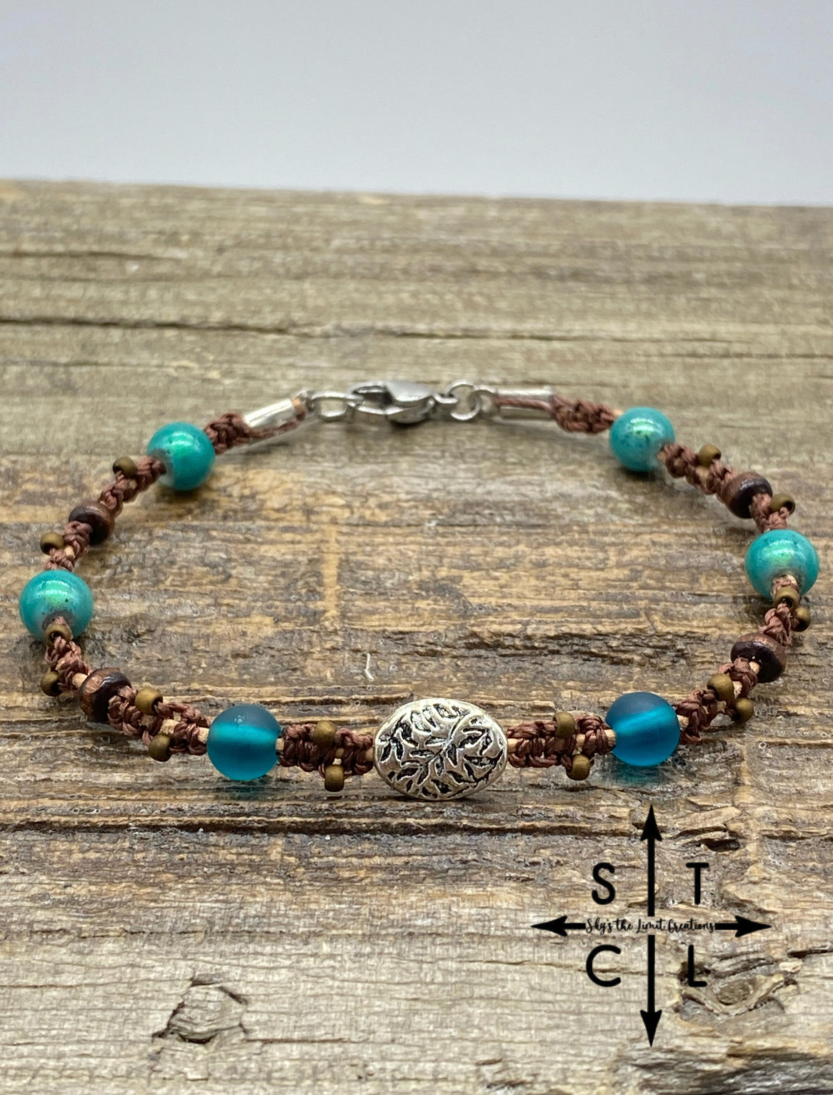 Turquoise Brown With Silver Leaf Print Center Peggy