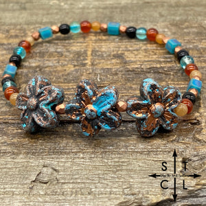 Stretch Bracelet Turquoise Orange Copper Turquoise Flowers Center